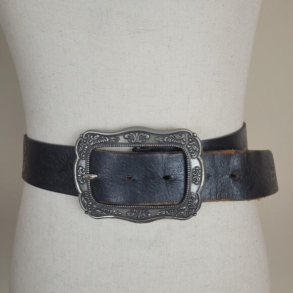 Black Leather Belt Large Silver Buckle Western Floral Embossed Cowgirl Rodeo - Picture 1 of 5